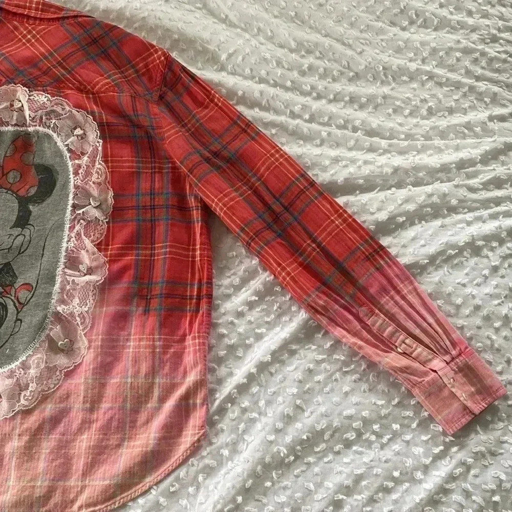 Jcrew Up Cycled Women Handmade Bleach Disney Minnie Mouse Flannel Sz 12 - Picture 5 of 11